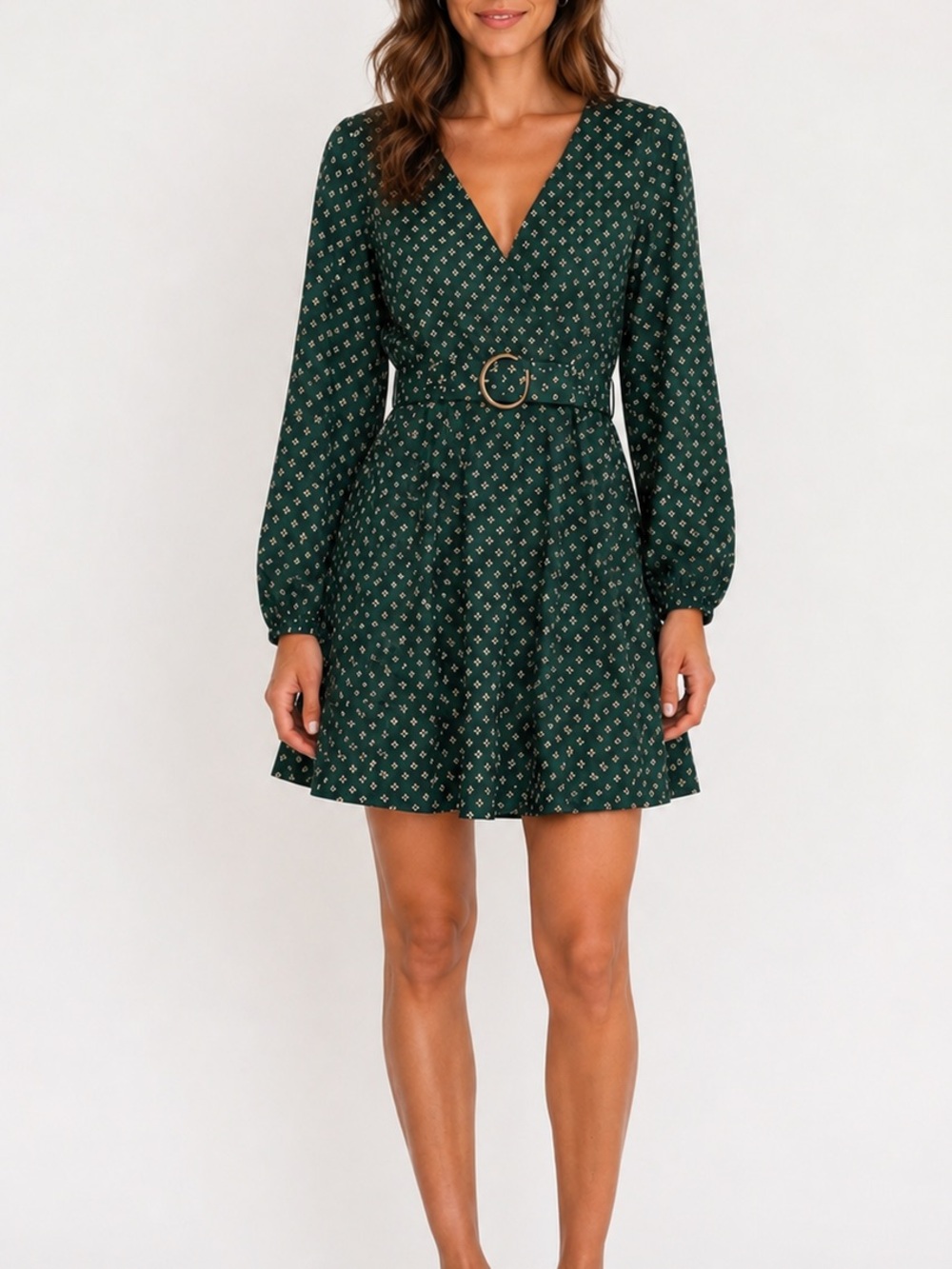 Maeve Green and white polka dot dress with gold buckle detail